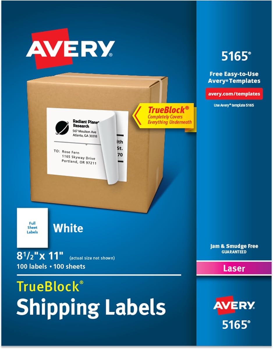 Full-Sheet Printable Shipping Labels, 8.5" x 11" Customizable Stickers, White, 100 Blank Mailing Labels, Great for Mailing, Shipping, Organizing, and More (5165)