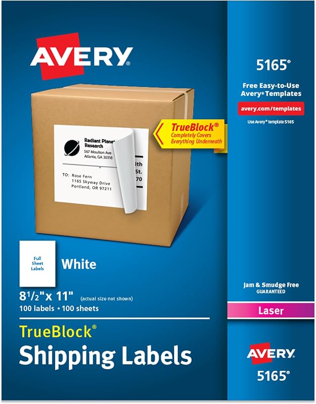 Full-Sheet Printable Shipping Labels, 8.5" x 11" Customizable Stickers, White, 100 Blank Mailing Labels, Great for Mailing, Shipping, Organizing, and More (5165)