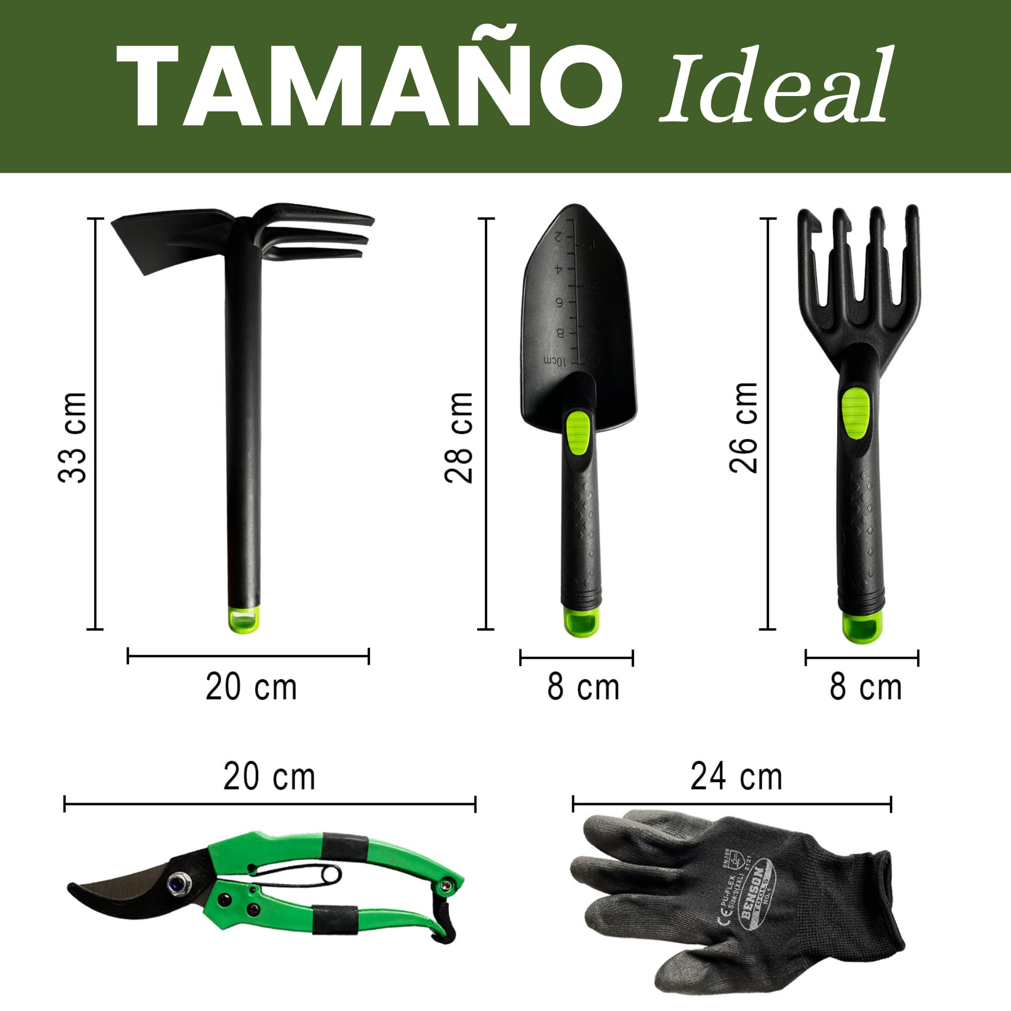 Kit 5 Herramientas de jardinería Resistente de Fibra de Vidrio Ideal para jardín, huerto Urbano o terraza | Kit jardineria Completo Que Incluye: Pala, Rastrillo, Azada, Tijeras de Podar y Guantes. — view 6