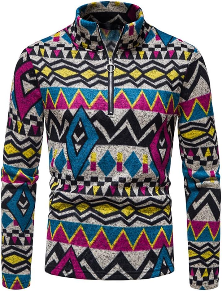 Men's Sweater Slim Fit Zipper Stand-Up Collar Men's Sweater Vintage Ethnic Style Checkered Men Knitwear Comfortable Breathable Men Sweater