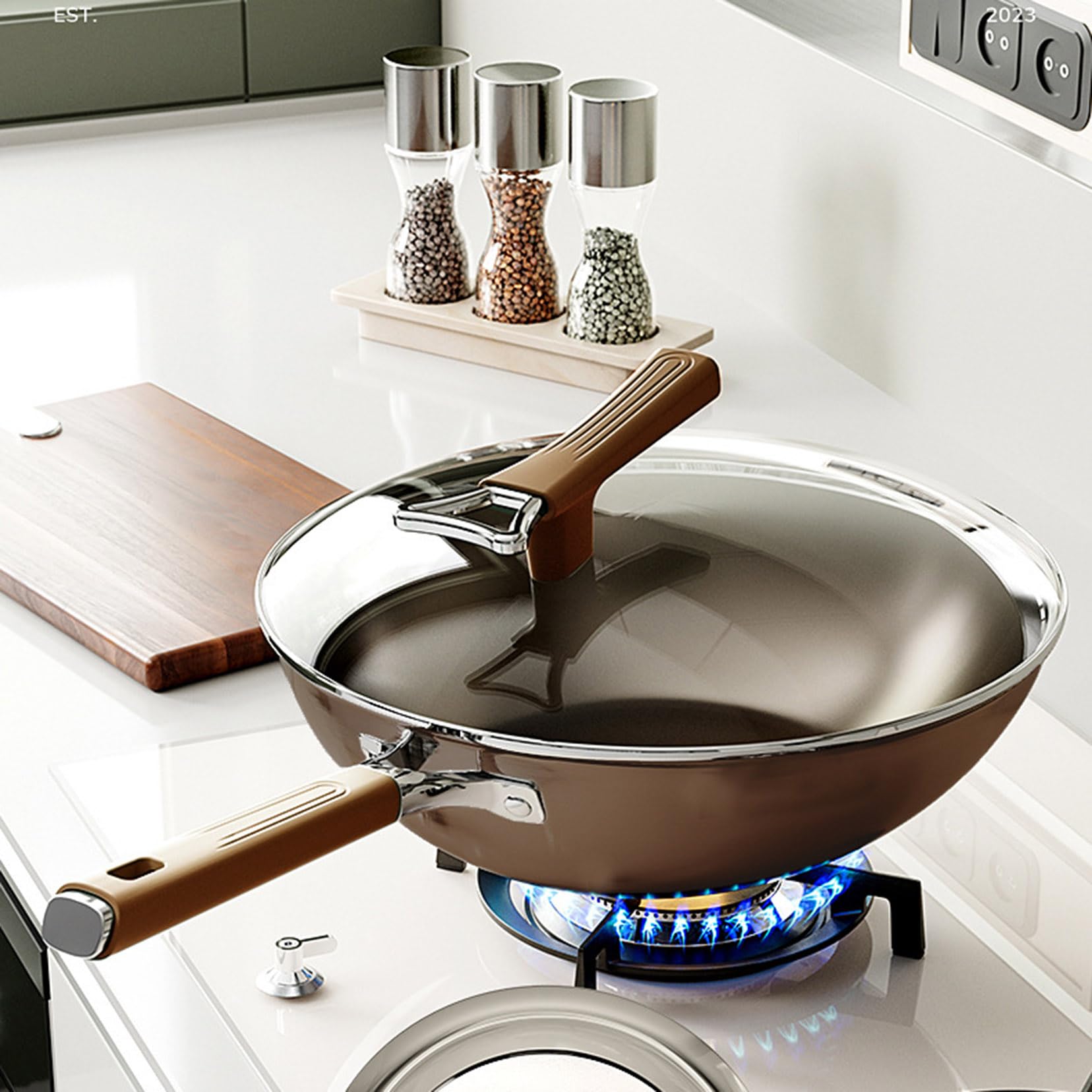 Wok in Titanio Antiaderente con Coperchio, Wok da 12,6 Pollici e Padelle per Saltare con Manico Che Resta Fresco, Wok a Fondo Piatto Adatto per Induzione, Elettrico, Gas 34cm