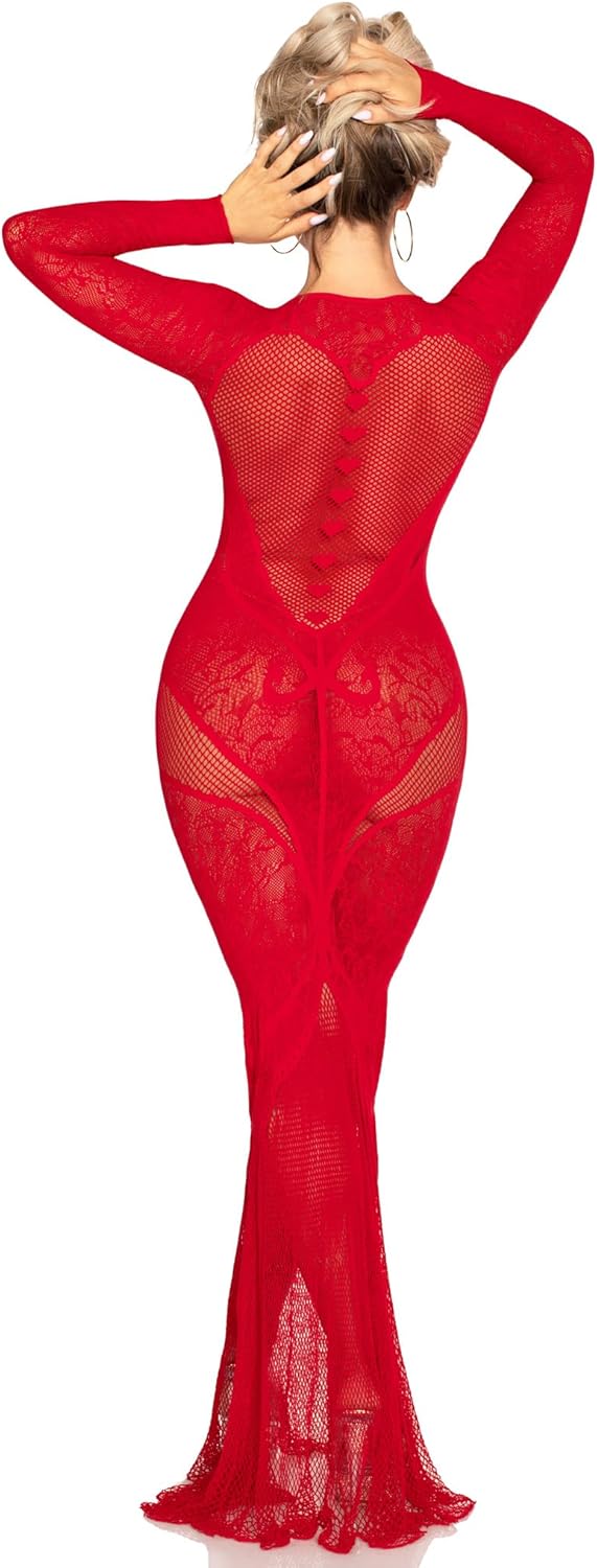 Leg Avenue Women's Lace Body Con Gown with Heart Net Detail