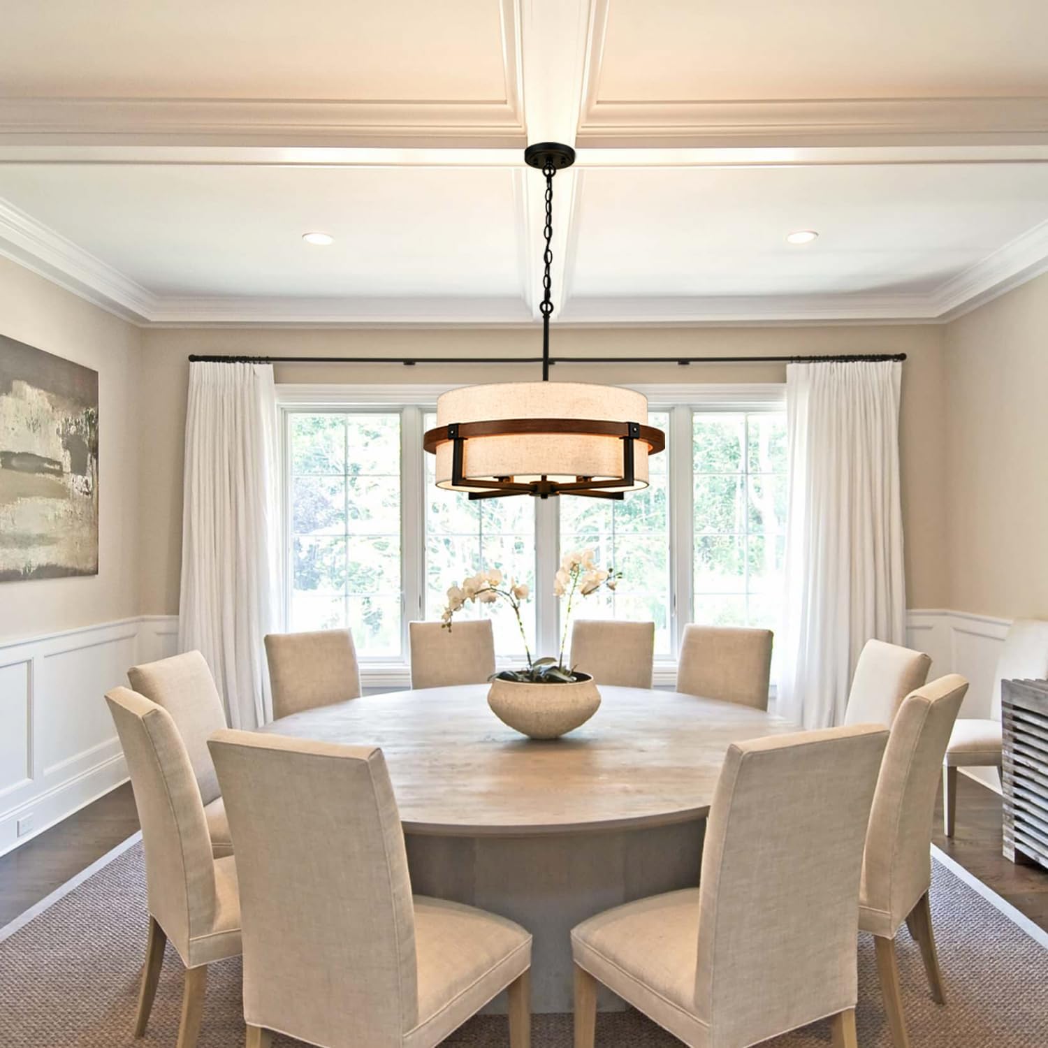 Rustic Drum Chandelier 4-Light Dining Room Chandelier with Off-White Fabric Shade