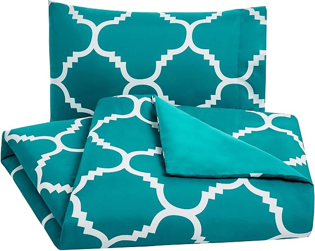 Amazon Basics Microfiber Duvet Cover Set, Light weight  135 x 200 cm, Single - Teal Trellis