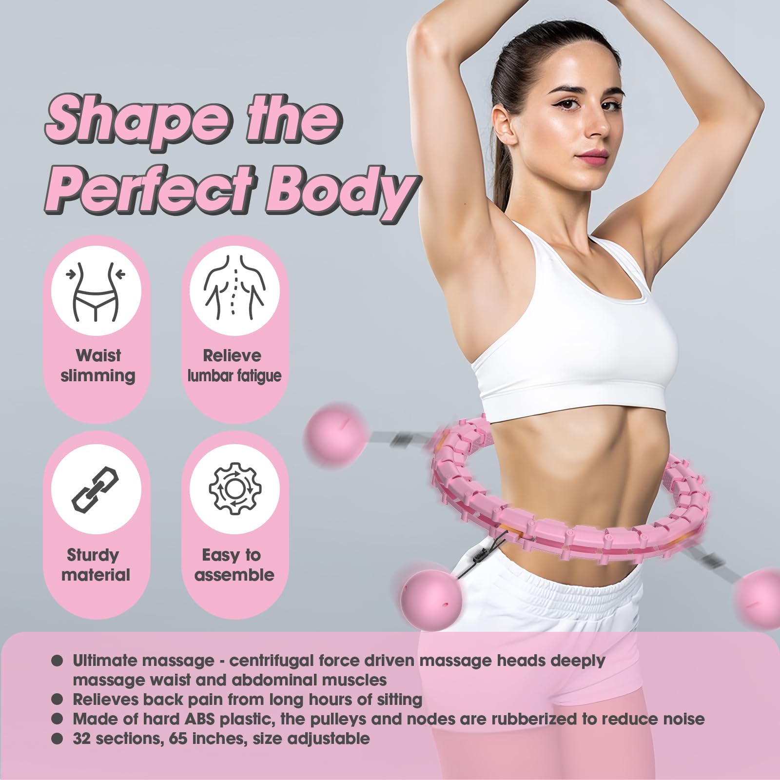 Smart Hoop Cerceau pour adulte avec boule de poids, ultra silencieux, pour perdre du poids, avec 32 segments amovibles, cerceau pour perdre du poids, tour de taille maximum 165 cm (rose)