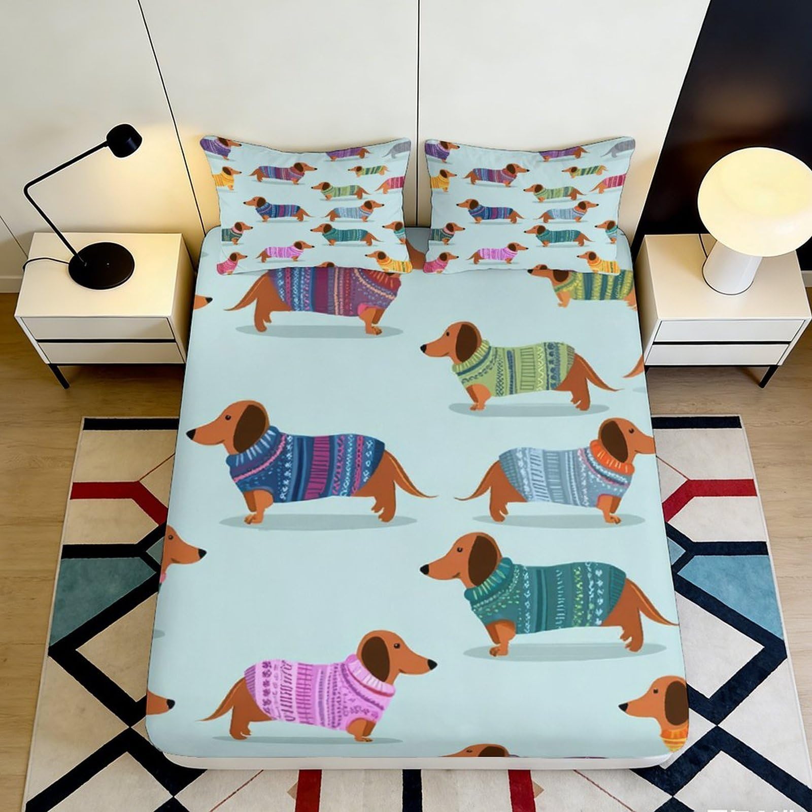 3D Printed Dachshund Dog Pattern Fitted Sheet Microfiber Soft Anti-Slip Bed Sheet Colorful Cartoon for Bedroom Dorm 90x200x25cm