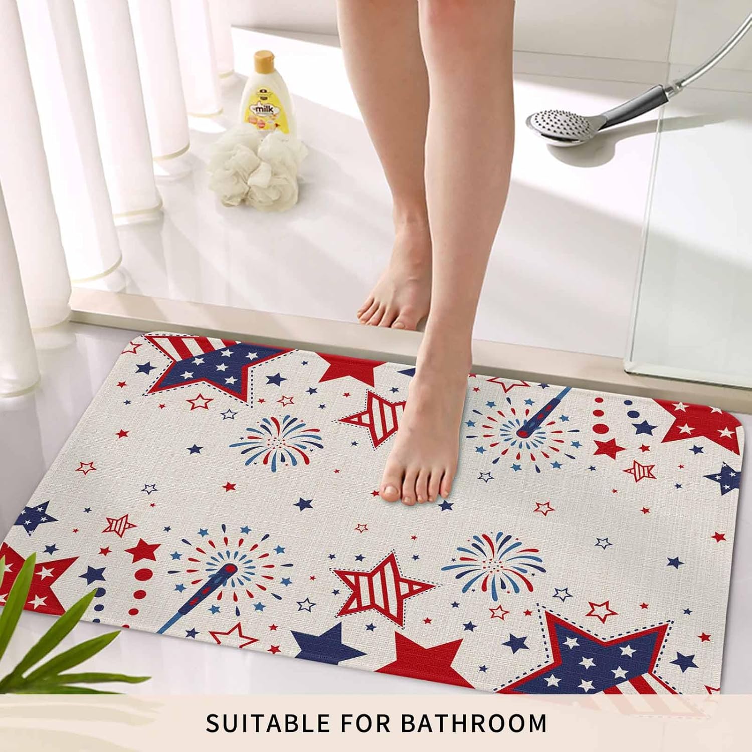 Non-Slip Red White and Blue Stars Doormat Absorbent 4th of July Welcome Mat Stars Firework Front Door Mat Independence Day Patriotic Floor Mat for Indoor,Entry Decoration 16x24 Inch