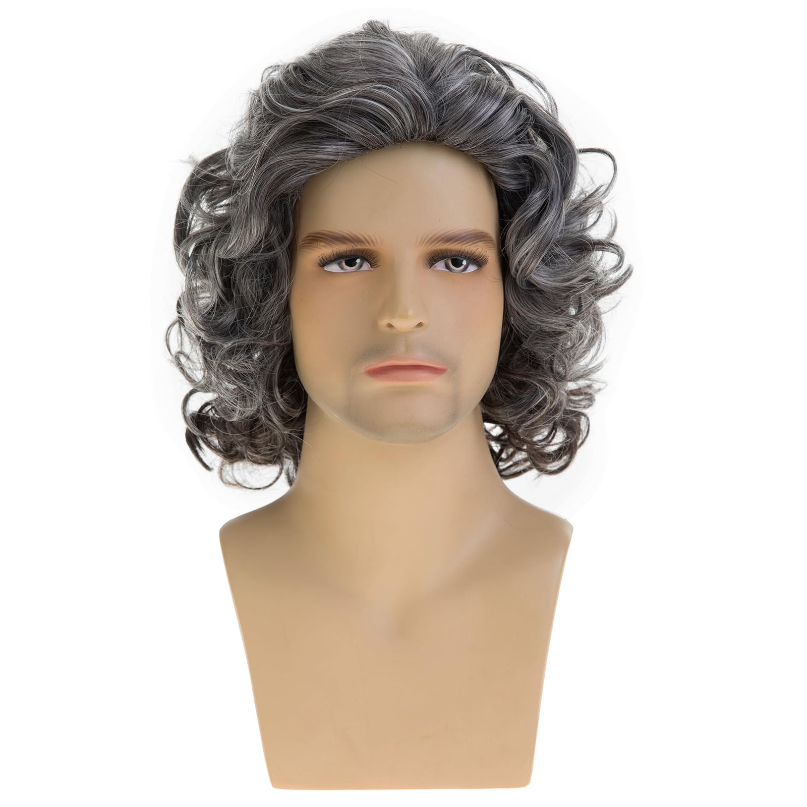 Dsimeig Mens Short Curly Wavy Wig Mixed Grey Fluffy Cosplay Costume Hair, GreyWhite, 9 pollici x 2 pollici - Image 2