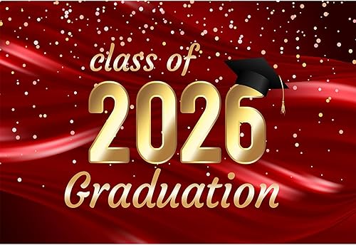 Baocicco Telón de fondo de 7 x 5 pies para fotografía de graduación de la clase dorada de 2025, gorra de soltero negra, tela de seda de lujo roja,