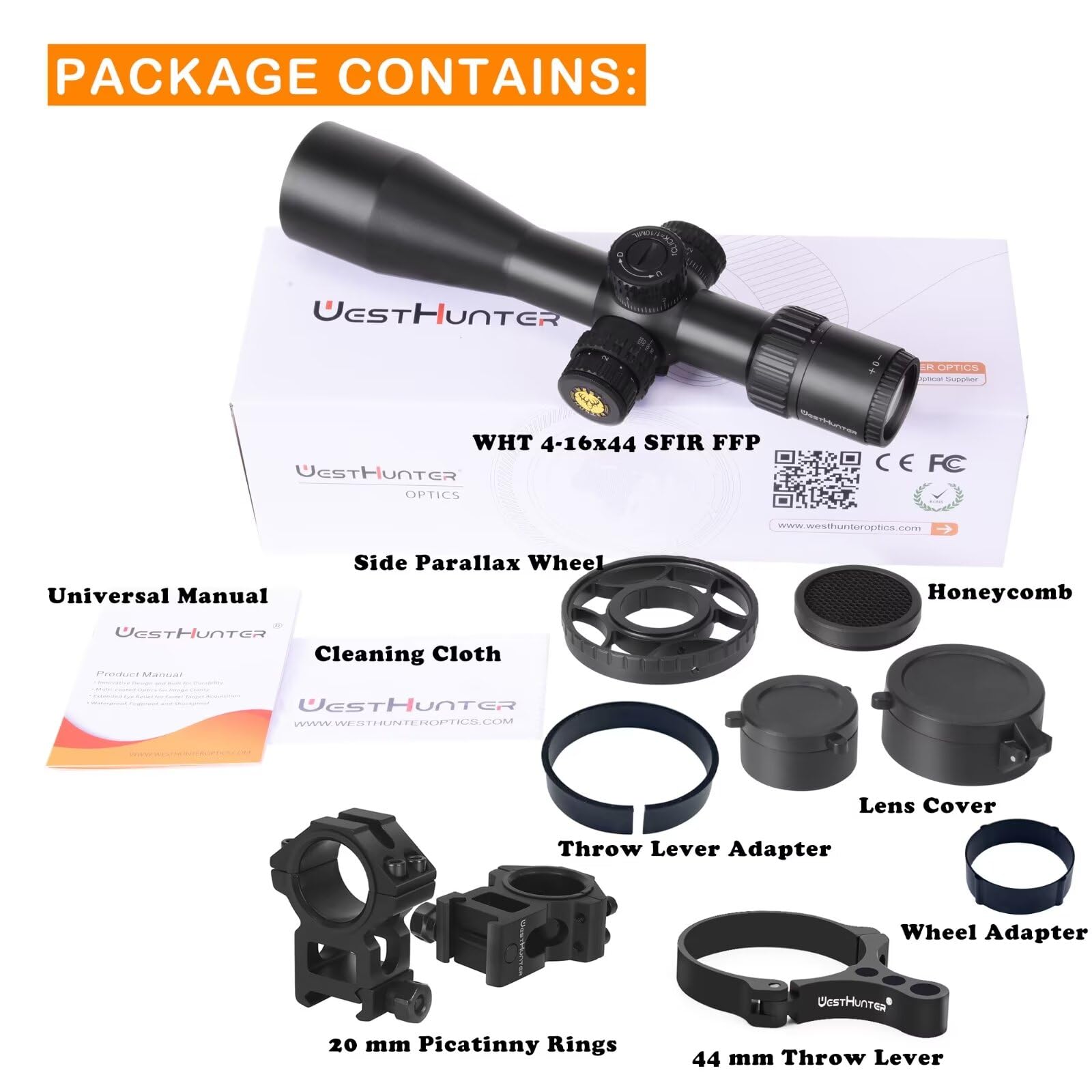 WestHunter Optics Wht 4-16x44 SFIR FFP Precisión Miras Telescópicas, Exclusivo para Competiciones Deportivas de Larga Distancia | Picatinny Shooting Kit B