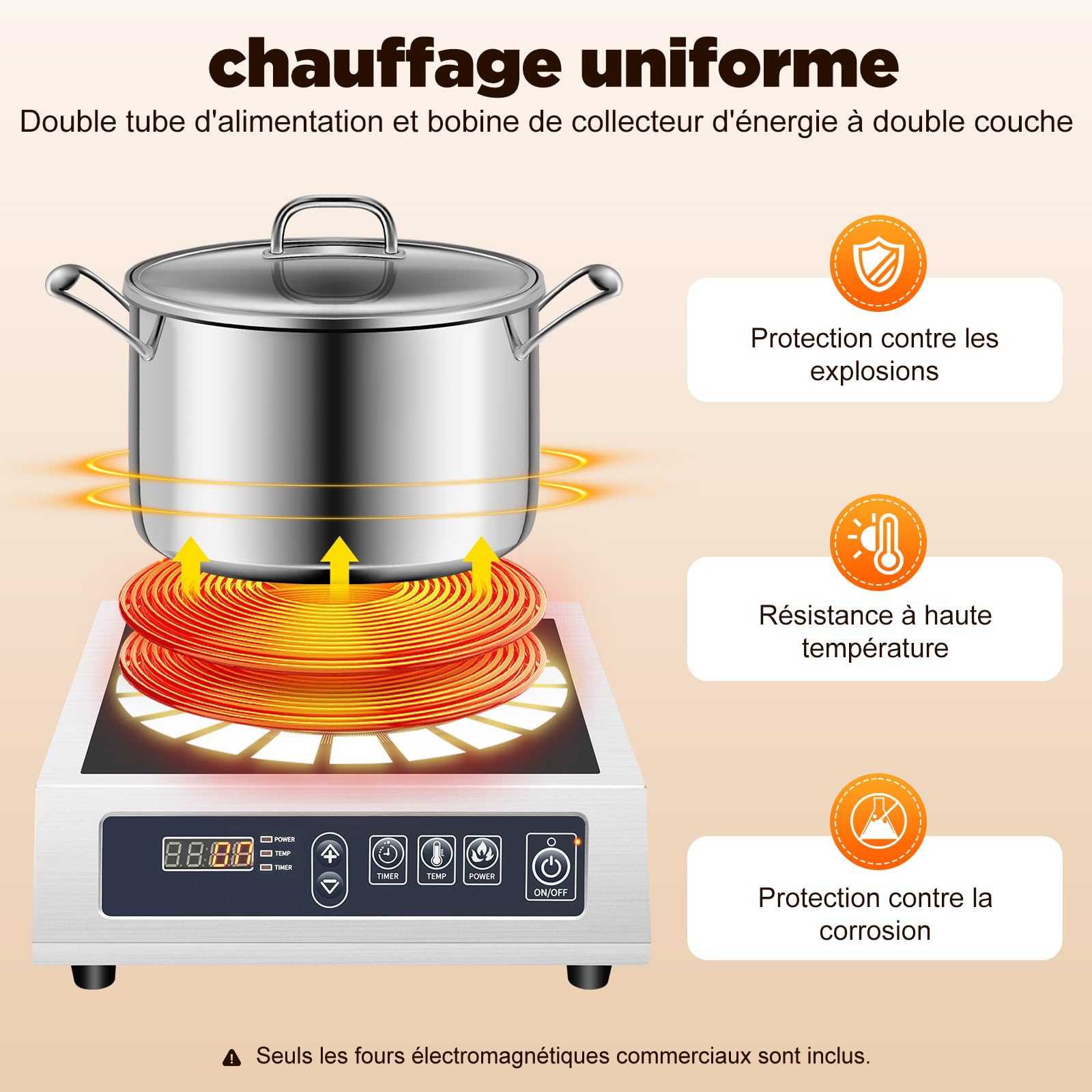 Professional Plaque à Induction, 3500W Cuisinière à Induction, avec Bobine en Cuivre & LED, Minuterie 24h, 11 Niveaux, Capacité 75kg, pour Restaurant, Hôtel et Cuisine Commerciale