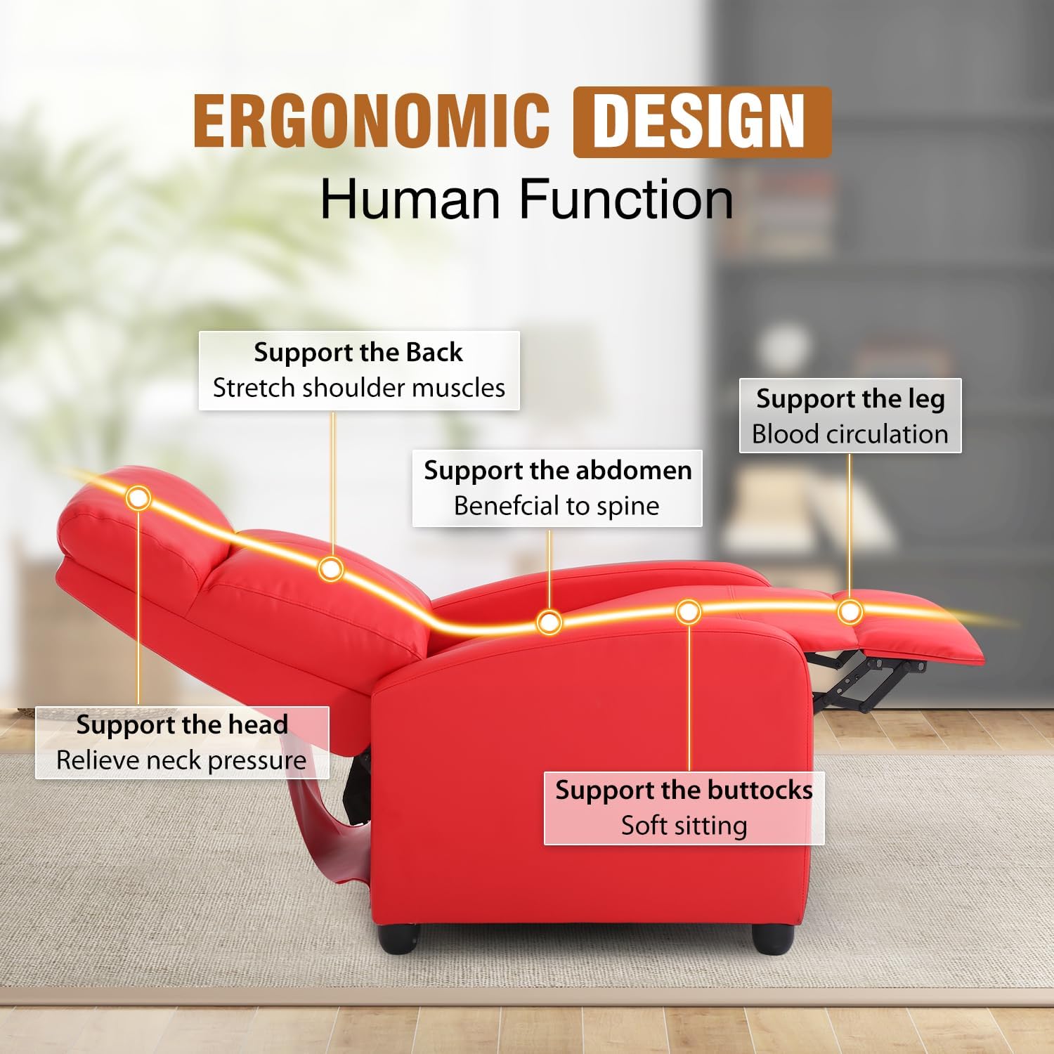 Recliner Chair Push Back Reading Sofa Home Theater Seating with PU Leather Padded Seat Backrest for Living Room Lounge