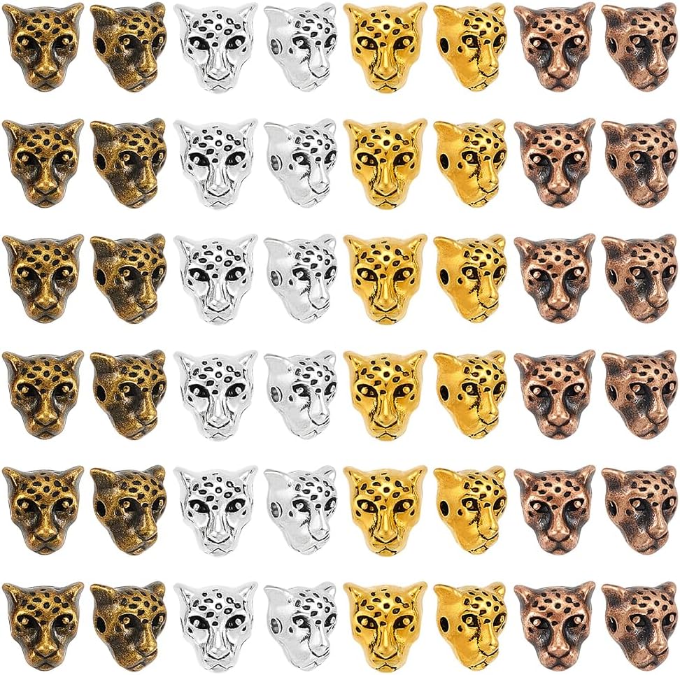 PH PandaHall 4 Colors Leopard Head Beads 100pcs Animal Bracelet Beads Tibetan Style Alloy Bead Loose Metal Spacers for Men Summer Bracelet Necklace Earrings Jewelry Making Keychain, 10x9x7mm