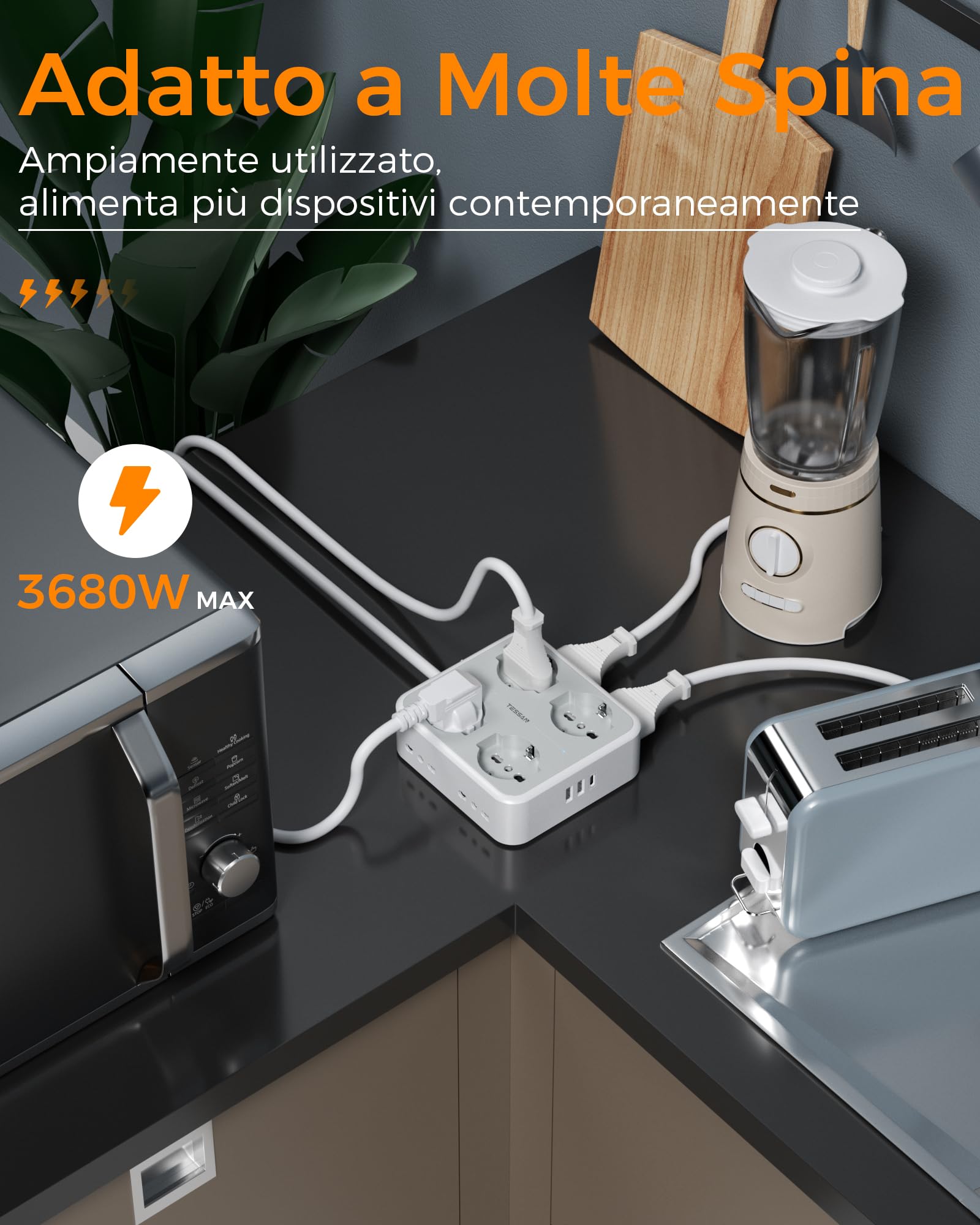 TESSAN Ciabatta Multipresa con USB C, Multipresa Elettrica con Prolunga Elettrica 2 Metri, Multipresa con 4 Schuko e 4 Bivalenti 10A/16A, Presa Multipla con Interruttore, 1 USB C e 2 USB A, 3680W