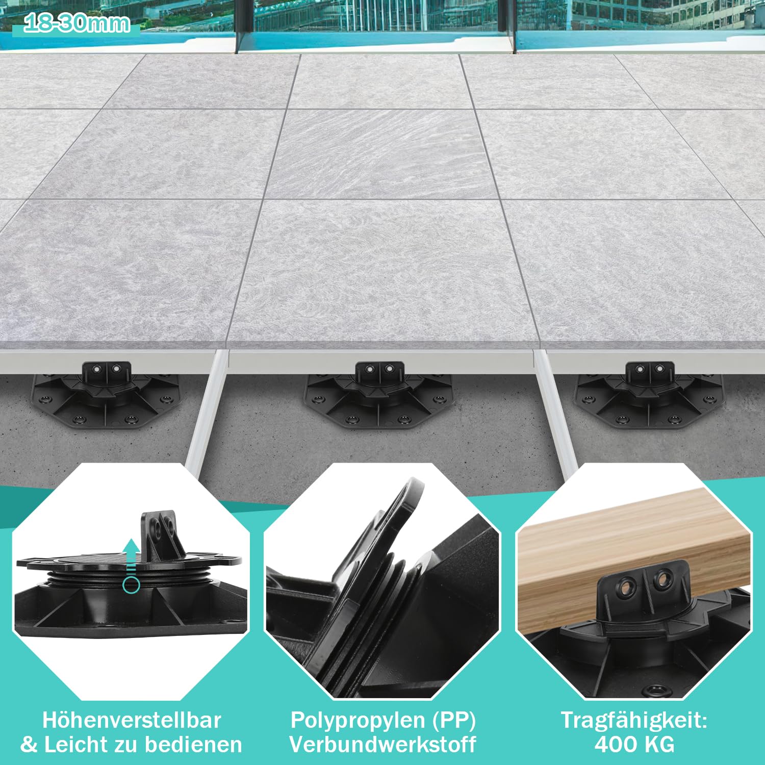 100 Stück Stelzlager Höhenverstellbar, 18-30mm Stelzlager Terrassenlager, Füße verstellbar, Plattenlager Terrassenplatten für Terrassendielen Unterkonstruktion, WPC, Tragfähigkeit von 600kg