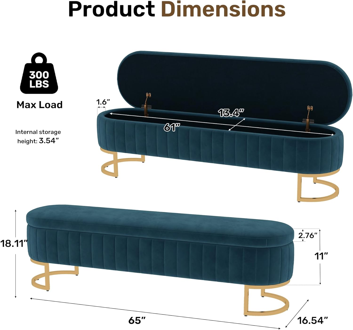65 Inch Storage Ottoman Bench Velvet End of Bed Storage Bench King Size Upholstered Tufted Bench Large Space for Bedroom Living Room Entryway Dark Blue