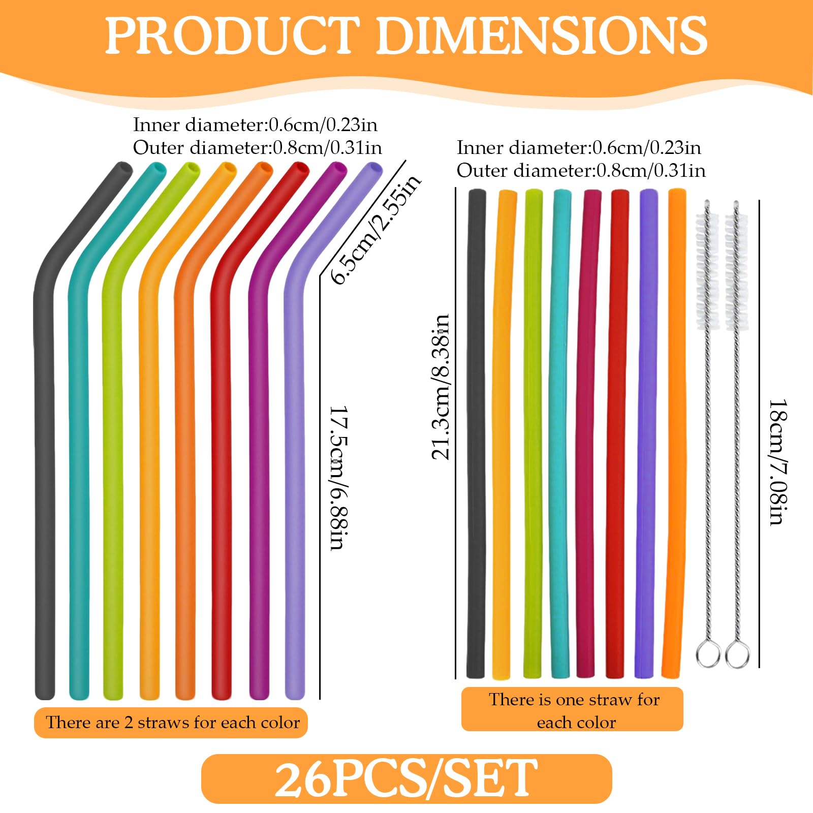 HORREX 22 Piezas Pajitas Reutilizables Incluye 2 Cepillo Limpiador, Ecológico Resistente Pajitas Silicona, Coloridas Silicona Plegable Ecológico para Bebidas Frías Juice Coffee Cóctel