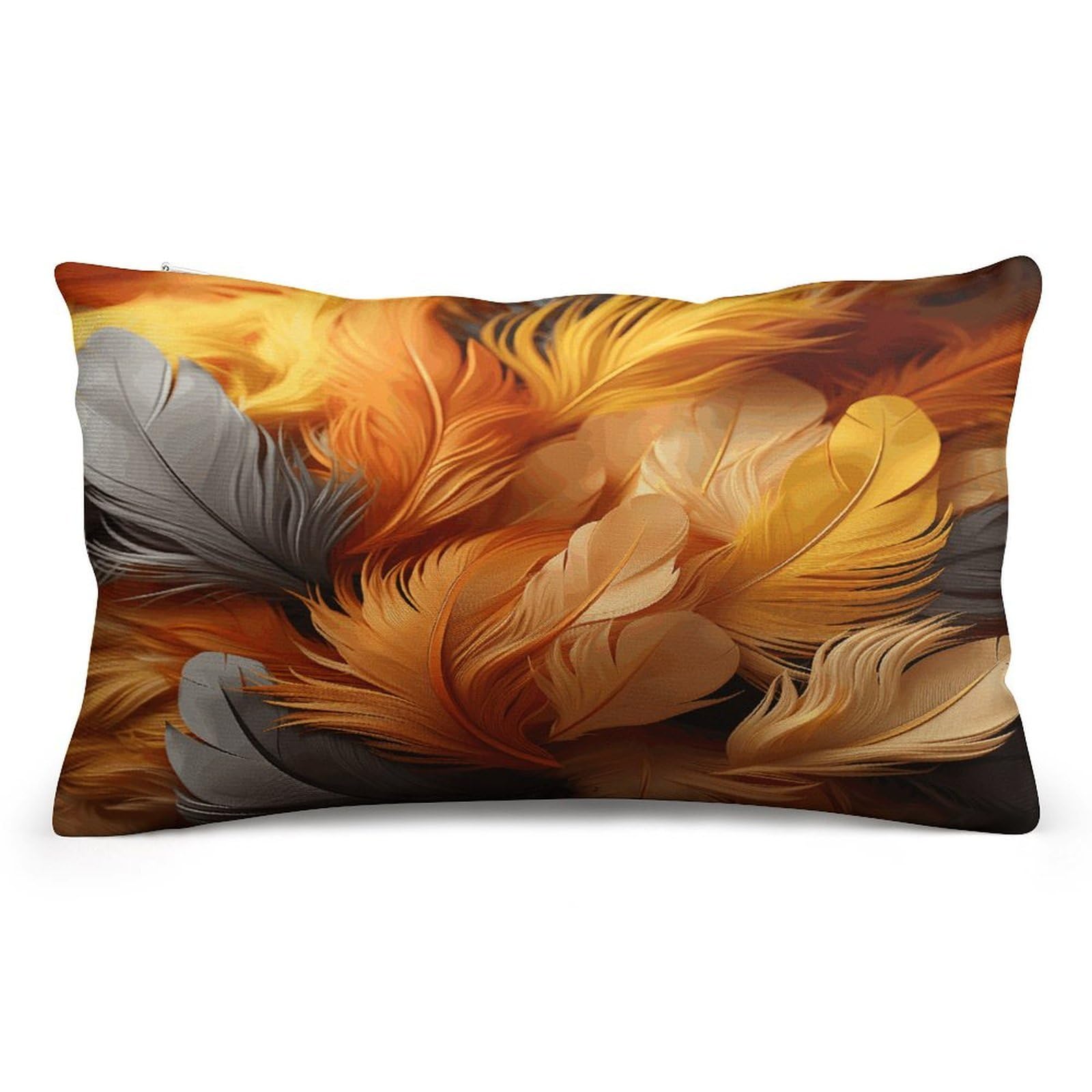 asbwuo Rectangular Decorative Throw Pillow Cover Soft Cushion Cover Gold and Orange Feathers Queen Pillow Cases for Couch Sofa Living Room Bed