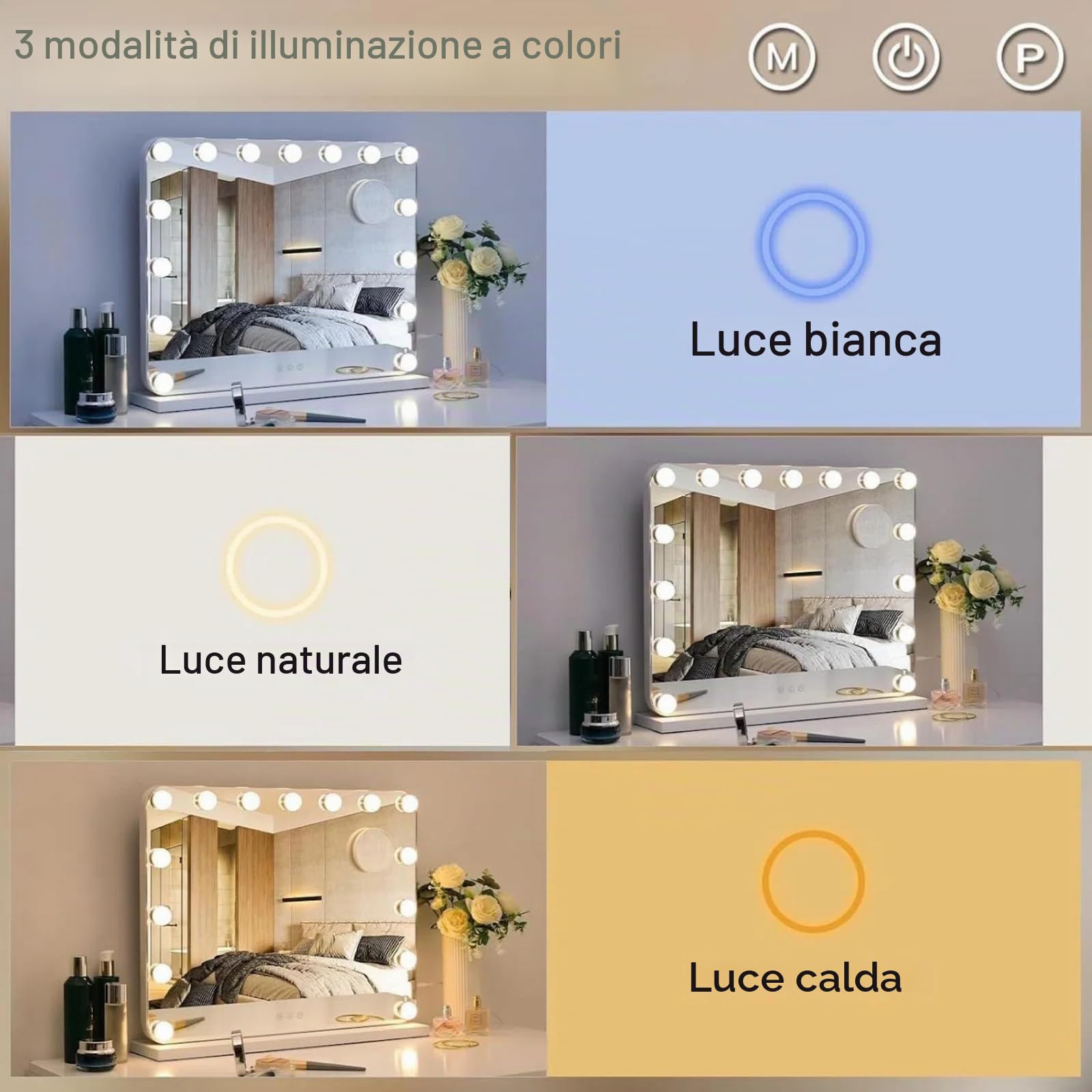 Clevich Hollywood Specchio Trucco con Luci,50 x 40 cm Specchio con 15 Luci LED, 3 modalità Luce e controllo touch, porta USB, Specchi da parete o da tavolo (bianco)