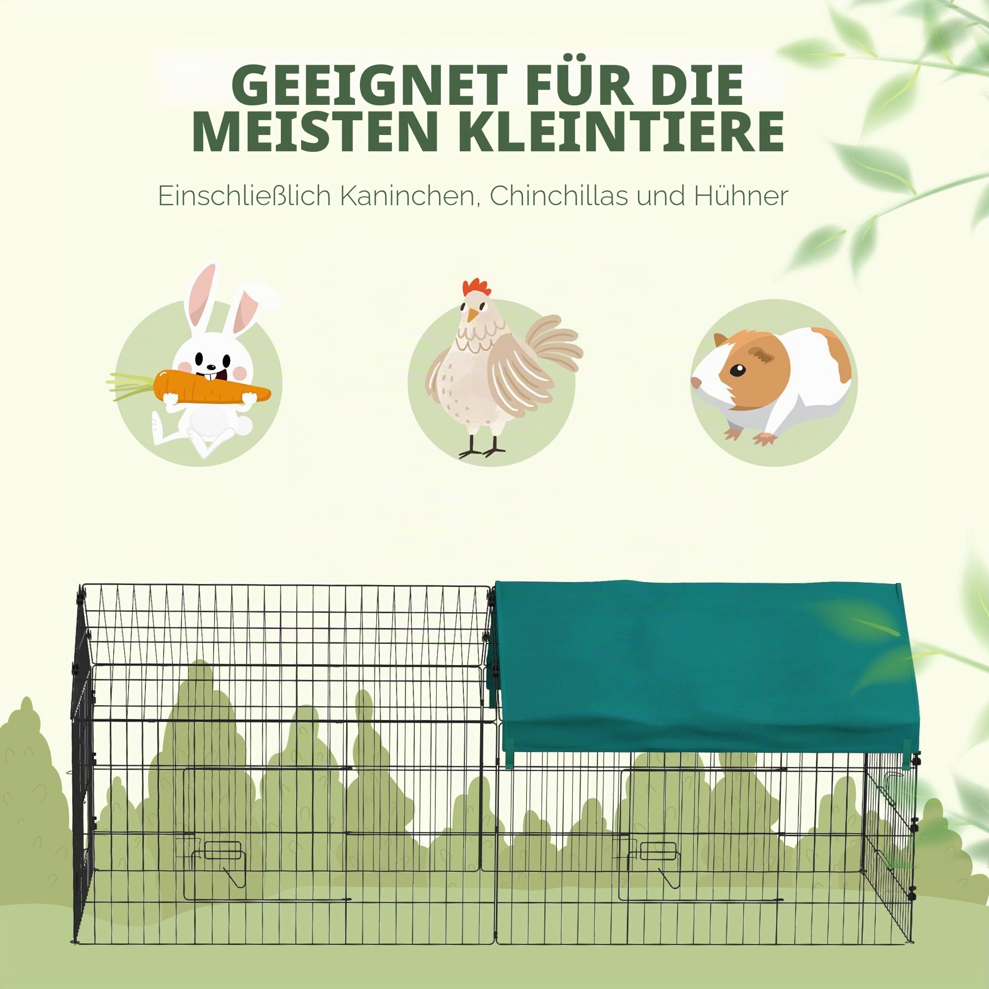 PawHut Freilaufgehege für den Außenbereich, 185 x 75 x 75 cm, Stahlstruktur mit 4 verschließbaren Türen und Schutz vor Sonnenblende, Dach, geeignet für Meerschweinchen, Schildkröten, Hühner, Nagetiere