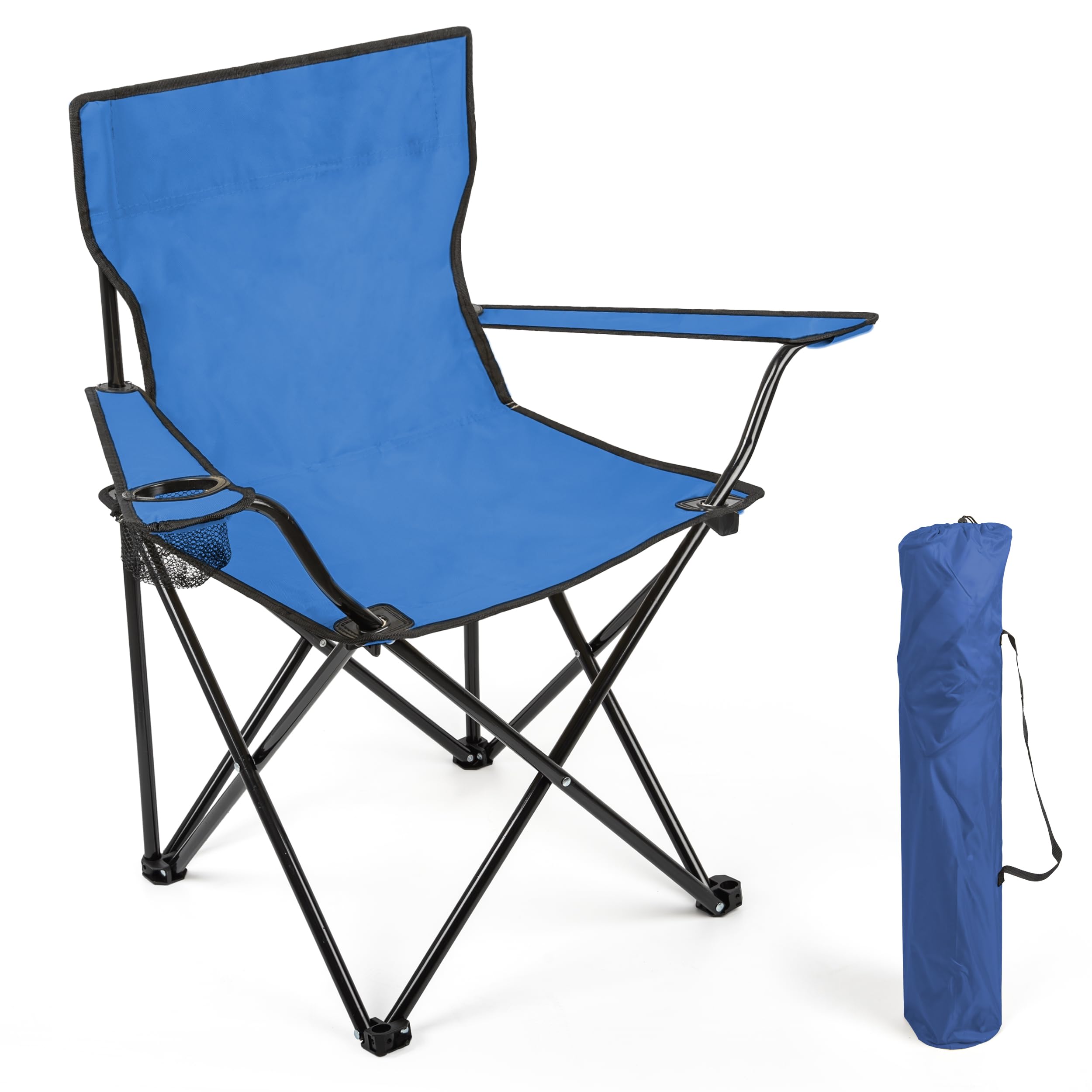 BESCH Silla Plegable para Camping de Acero con Portavaso 45x45x80cm Carga Máxima 110Kg - Silla para Exterior, Picnic, Jardín y Pesca (Azul)