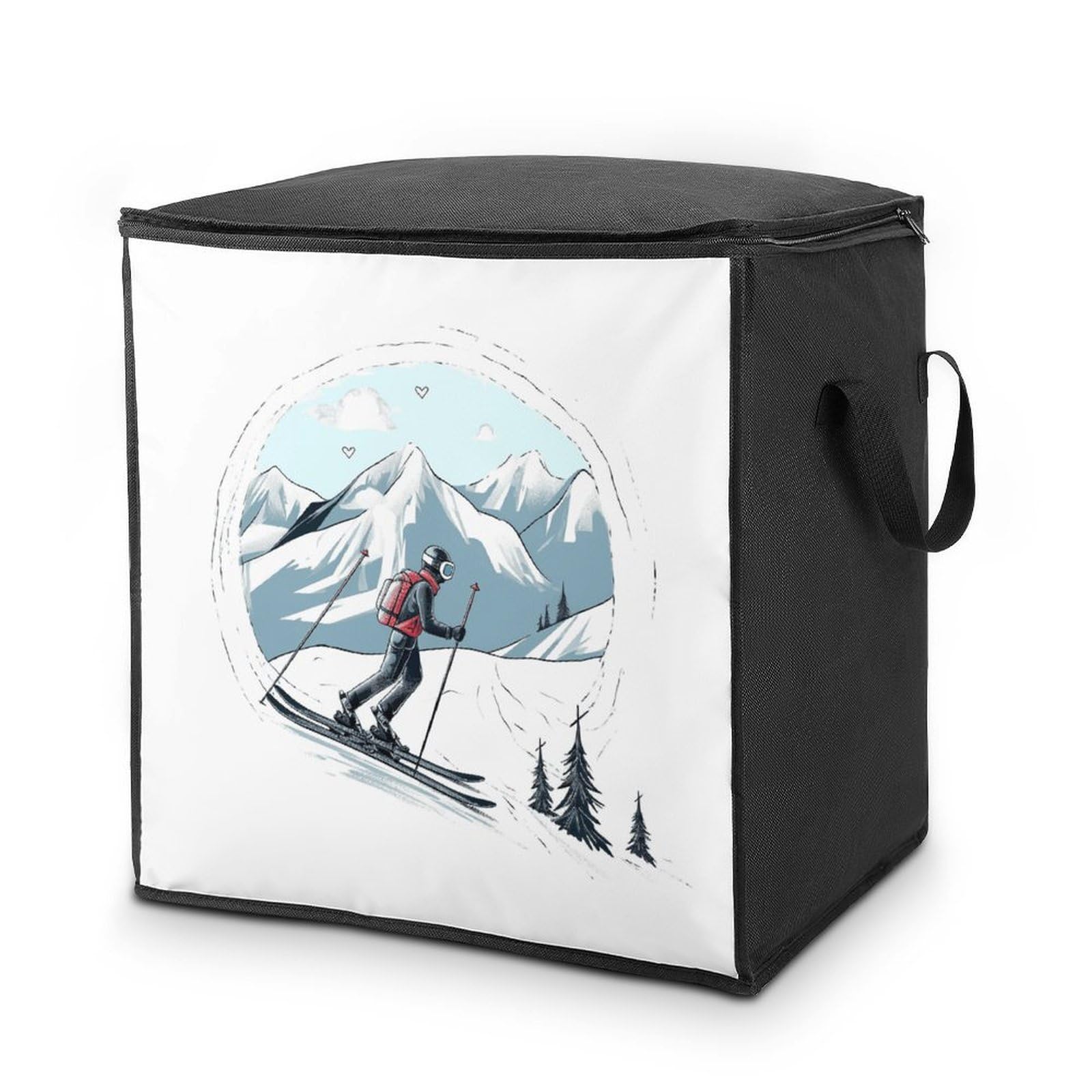 Skiing Theme Storage Bag with Zippers And Handle Extra Large Bedding Comforter Storage Bag Foldable Blanket Storage Bags Fabric Moving Bags for Closet Organizer (70L)