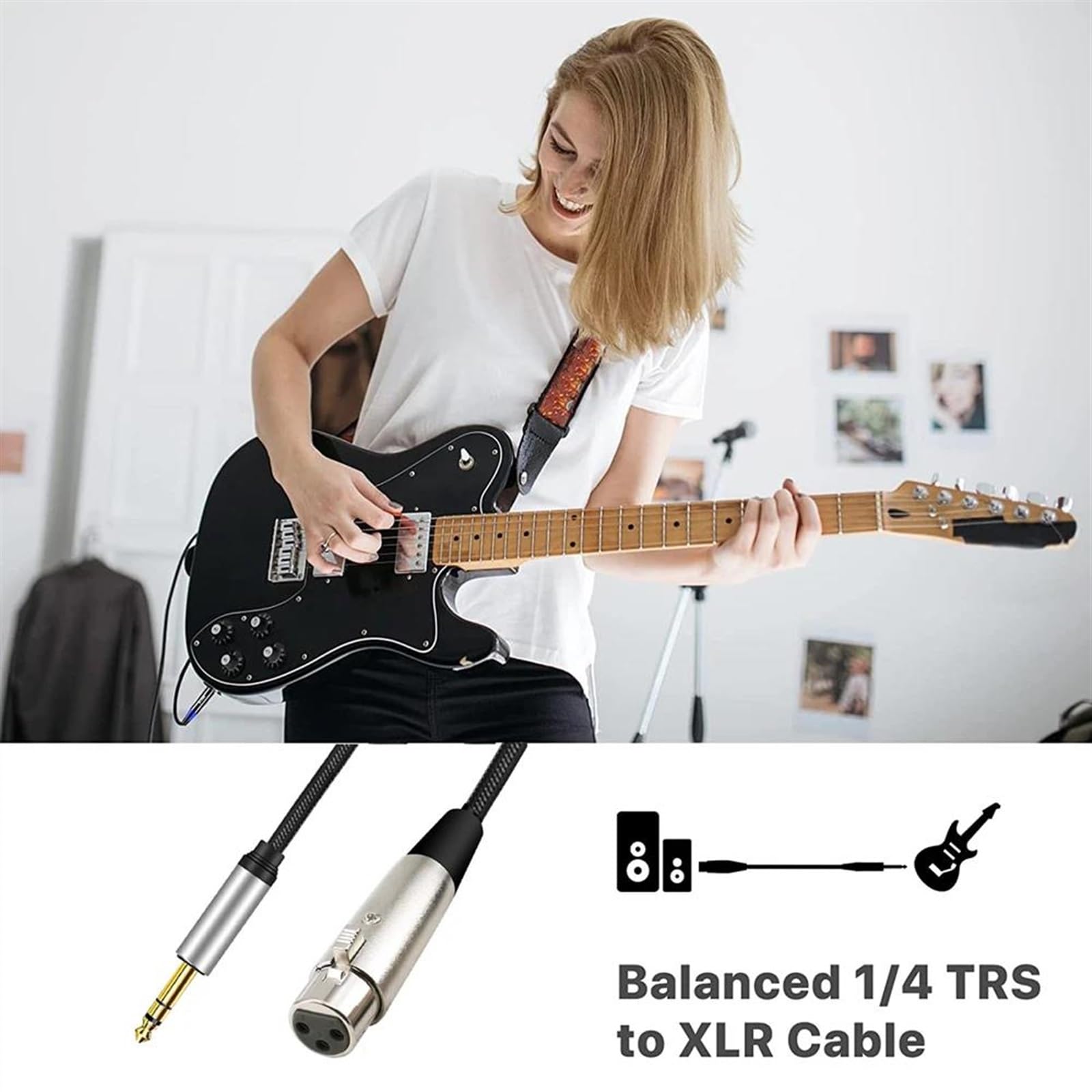 Kabel Audio Do Gitary (3-pinowy) do 1/4" 6,5 mm męski na żeński stereofoniczny zbalansowany kabel do głośników mikrofonu gitarowego (Size : 2m)