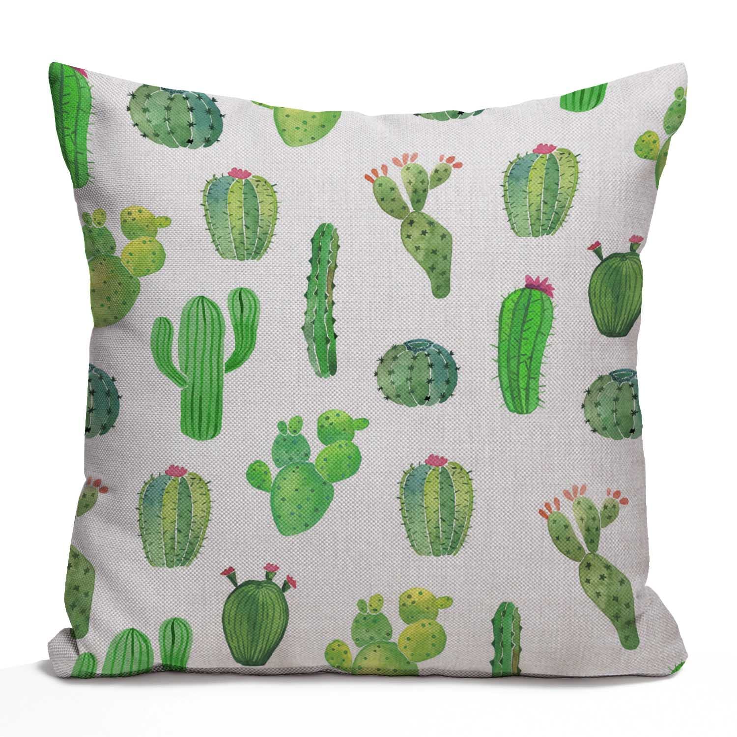 Tomda Multi078 Watercolor Green Cactus Cotton Linen Cushion Cover Throw Pillow Case Home Office Decorative For Sofa Living Room Square 45X45cm 18X18 Inches