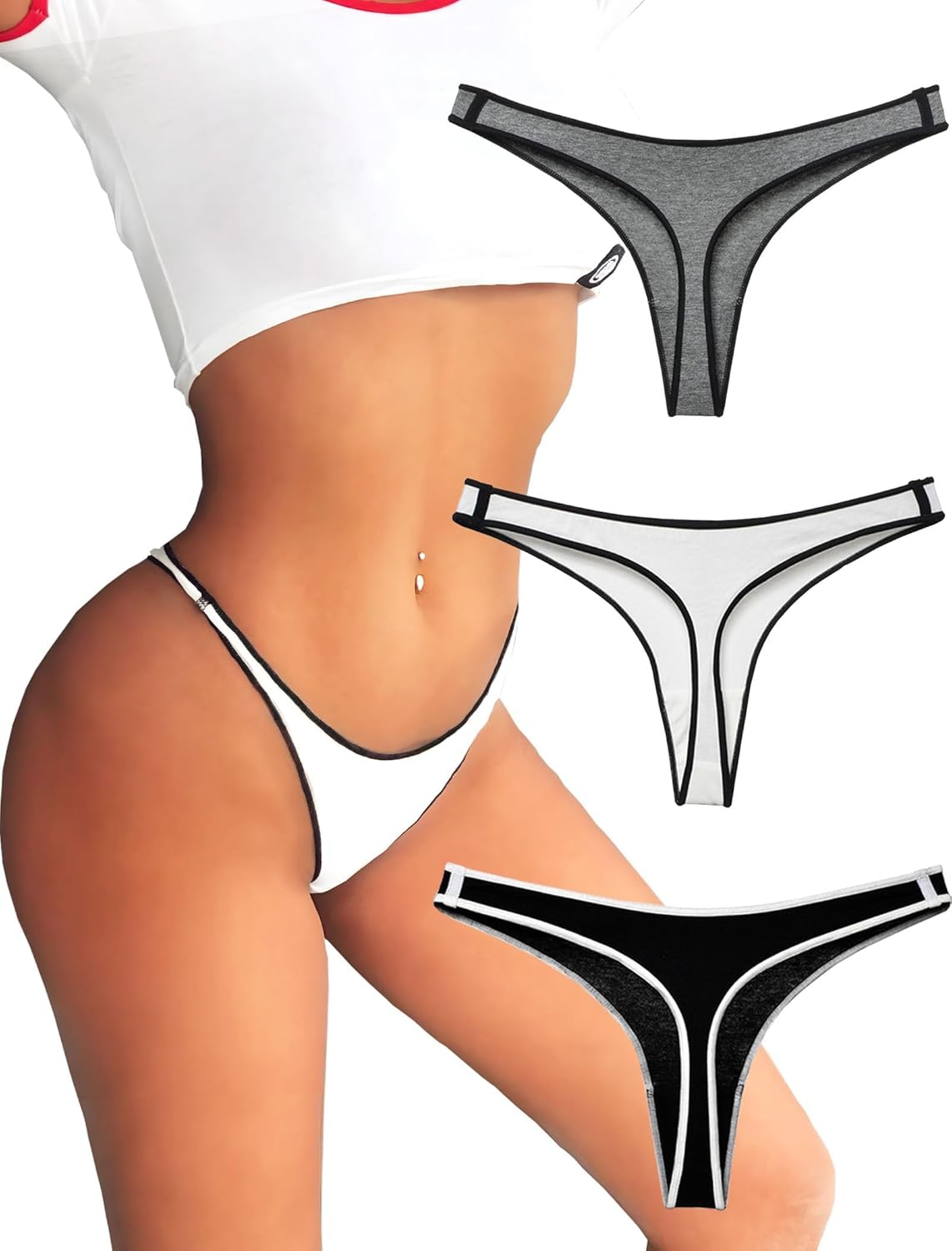 Womens Cotton Thongs Underwear Breathable No Show Cheeky Panties Tangas Sexy for Everyday Workout 3 Pack Set