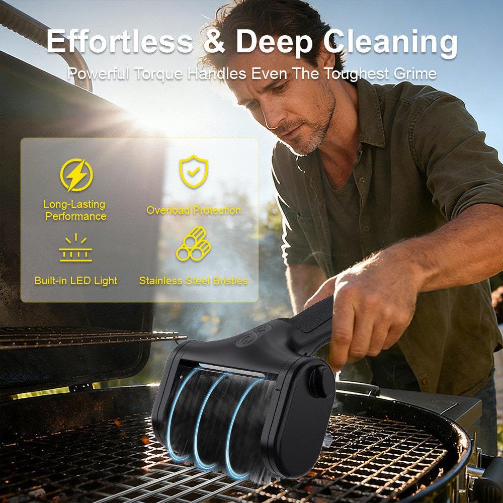 Spazzola Elettrica per Barbecue, Pulitore Cordless con Testine Intercambiabili, Spazzola Robusta con Luce LED E Setole in Acciaio Inox per Griglie da Interno Ed Esterno