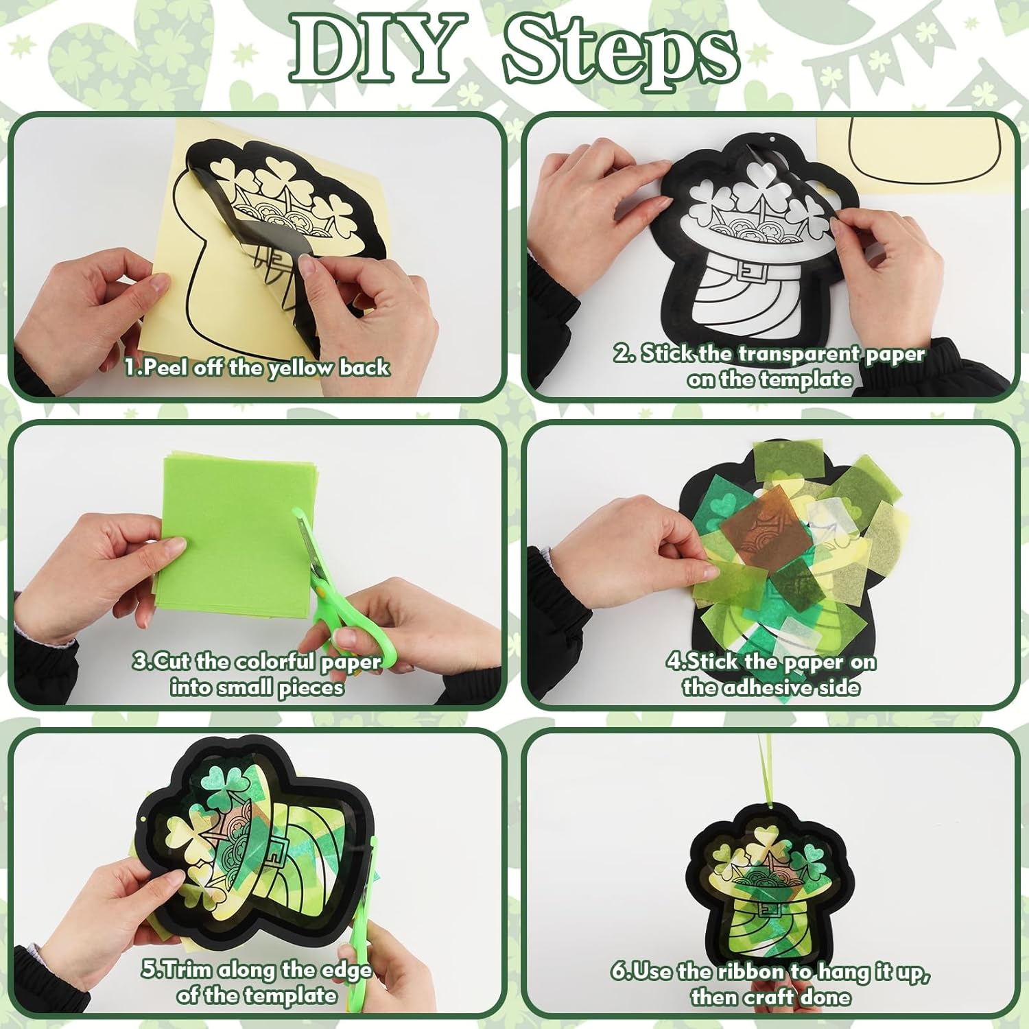 Tarklanda 48 Pcs St. Patricks Day Suncatchers Craft Kits Lucky Shamrock Tissue Paper Craft Kit DIY Stained Glass Window Art Hanging Ornament for Home Classroom Activity Birthday Party Gift