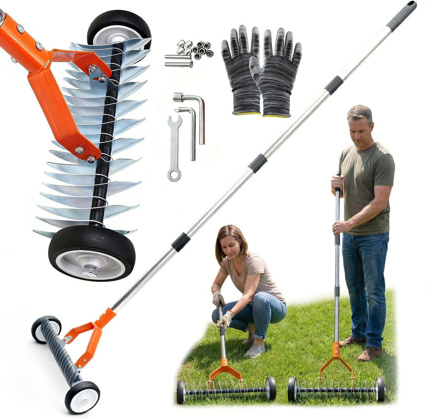 Wheeled Dethatching Rake for Lawn - 15" Heavy Duty Stainless Steel Thatch Rake with Adjustable Long Handle 35"-67", Manual Thatcher for Dead Grass and Soil Loosening (Orange)
