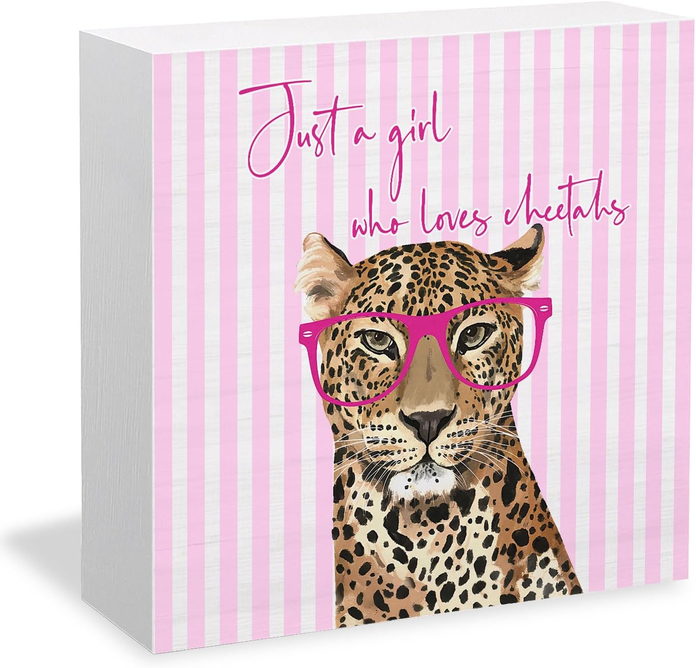 Preppy Pink Trendy Cheetah Wooden Box Sign Desk Decor, Leopard Print Room Decor, Just a Girl Who Loves Cheetahs Wood Signs for Girls Dorm Bedroom Desk Table Shelf Decorations, 5x5 Inch