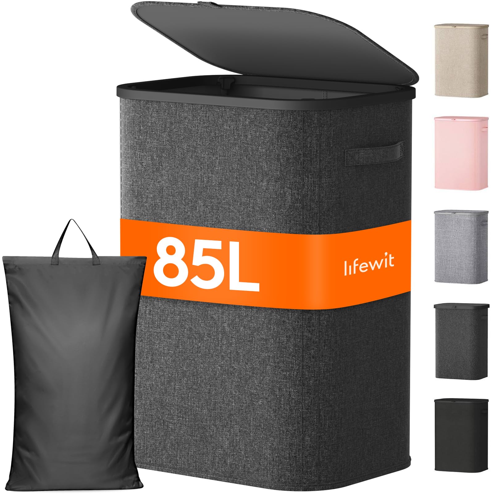Lifewit 85L Large Laundry Hamper with Lid, Removable Inner Bag, Dark Gray
