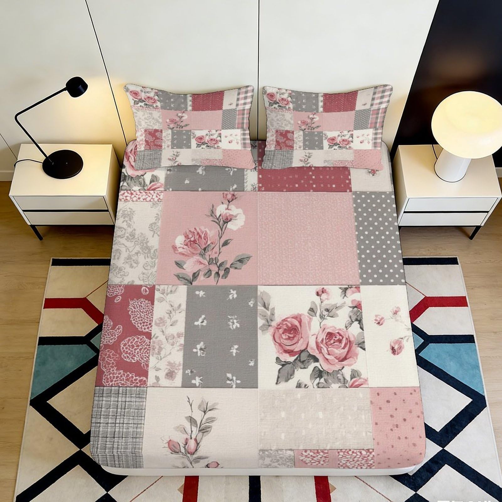 3D Printed Pink Floral Patchwork Fitted Sheet Microfiber Non-Slip Bed Cover Easy Care for Bedroom Guest Room 90x200x25cm