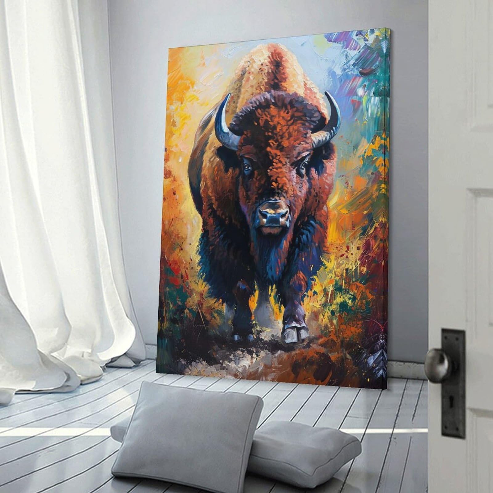 Junmoney Frame-Style-10 Majestic Bison Painting Canvas Wall Decor, 20X30inch(50X75cm), For Wall Displays, Bedrooms Or Room Updates, Wall Decor Suited To Curated Displays