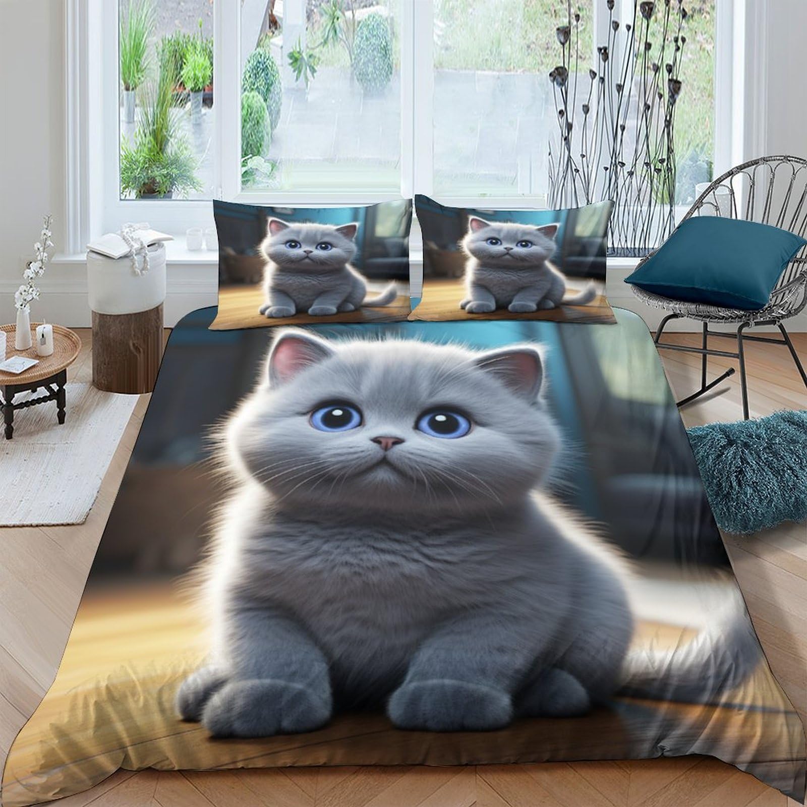 Housse de couette anti acarien parure de lit chat 200x200 hypoallergénique sans repassage