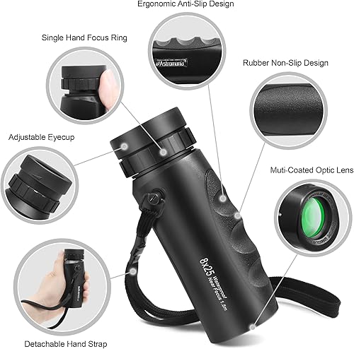 Miniatura 9 de Astromania Monocular compacto impermeable de 10 x 25 pulgadas para adultos y niños, observación de aves, teatro y conciertos, juegos de caza y