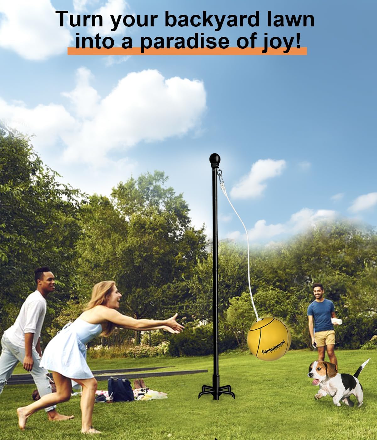 Garbuildman Tetherball Set with Ball & Rope for Outdoor Backyard, Adjustable Tether Ball Pole with Reinforced 5-Prong Base for Playground, Outside Ball Games Sports for Kids & Adults, Black