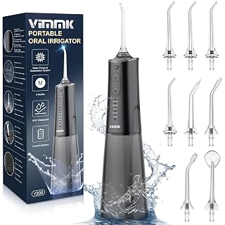 Munddusche Kabellos Elektrischer Zahnreiniger, Vimmk Zahndusche Water Flosser 5 Modi & 8 Düsen USB-C Wiederaufladbare Wasser Flosser IPX7 Wasserdicht, 300ML Wassertank Mund Reiniger(Schwarz) - Amazon product rated Grade B