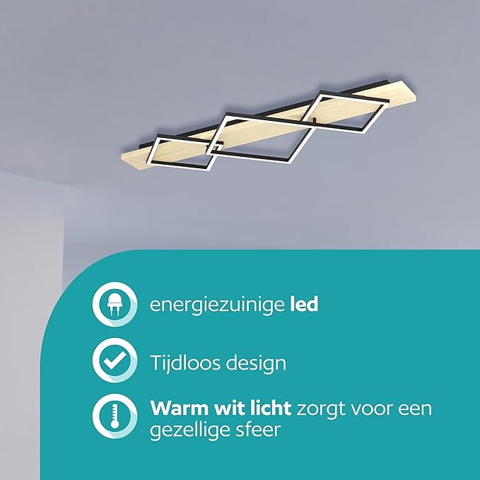 Eglo EGLO Boyal Led-plafondlamp, 3 lichtpunten, woonkamerlamp van licht hout en zwart metaal, FSC-gecertificeerd, warmwit, 101 cm photo 3