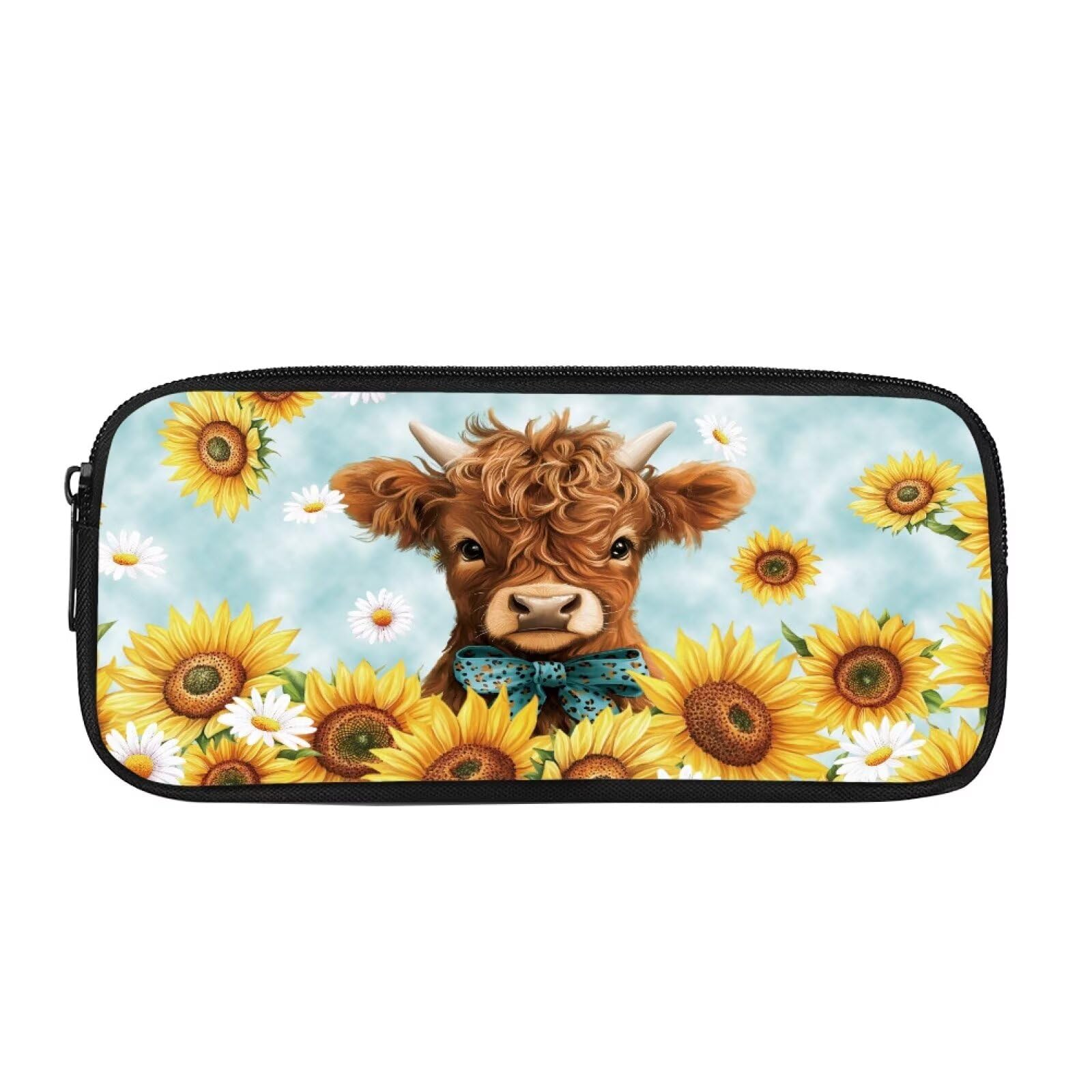 Showudesigns Highland Cow Pencil Case for Girls Teens Large Pencil Pouch Sunflower Pen Bag Stationery Organizer Lightweight Zipper Pen Holder Box School Supplies for Boys
