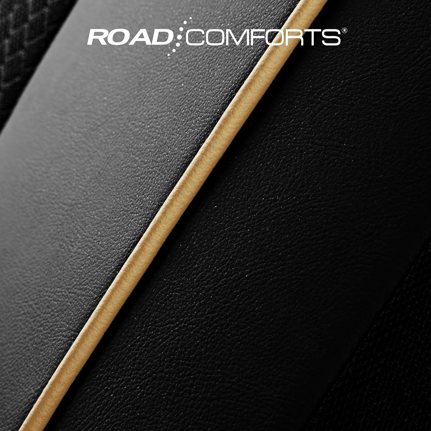 Road Comforts Car Seat Covers, Leather Front Seat Covers with Piping, Air-Cool Mesh Designed, Airbag Compatible Automotive Seat Covers for Most Car, Truck, Van, SUV - Black with Beige Piping