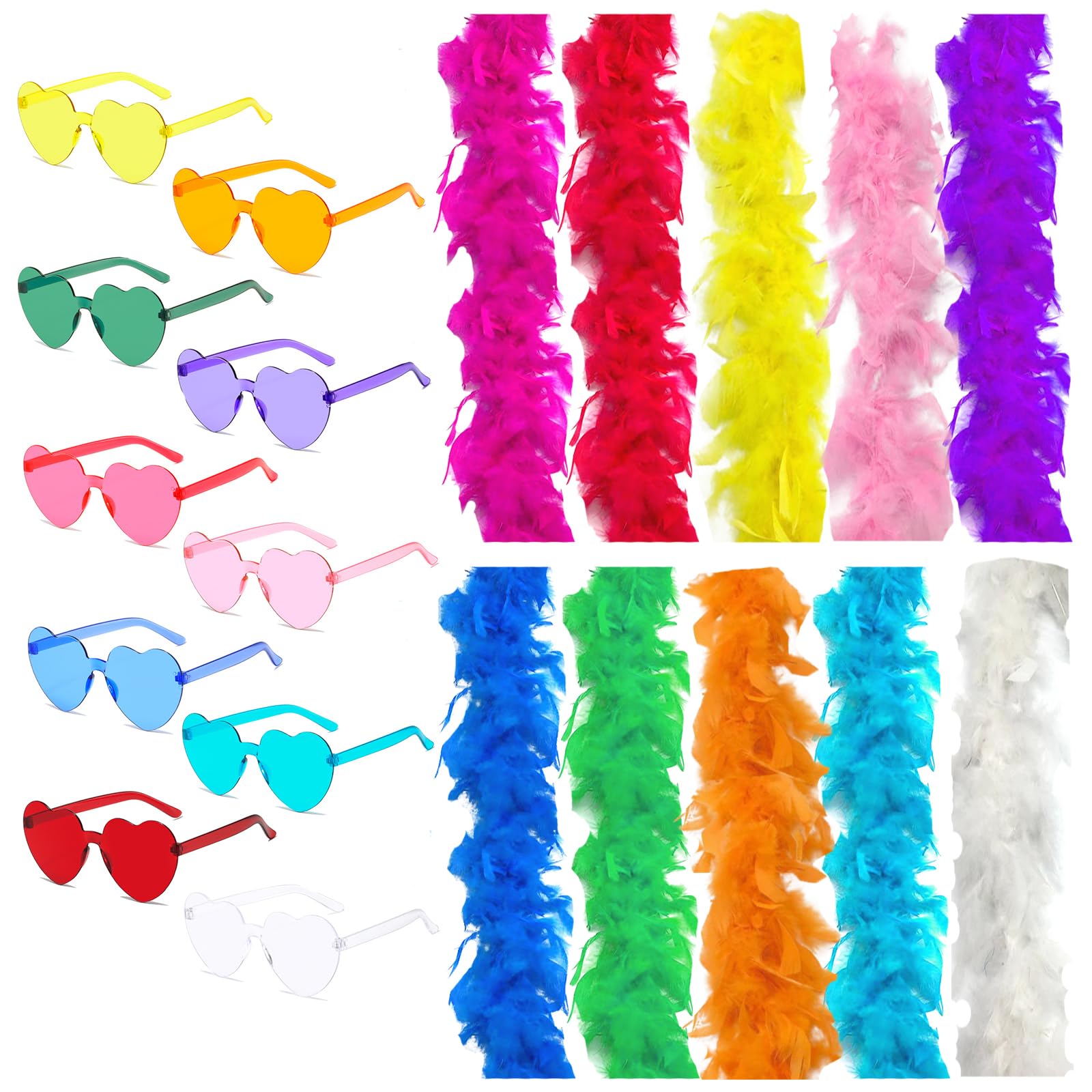 Merkaunis20Pcs Colorful Feather Boas with Glasses Set,10Pcs 6.6ft Feather Boas Party Pack with 10Pcs Color Heart Rimless Sunglasses, for Crafts,for Women Dancing Party Favors