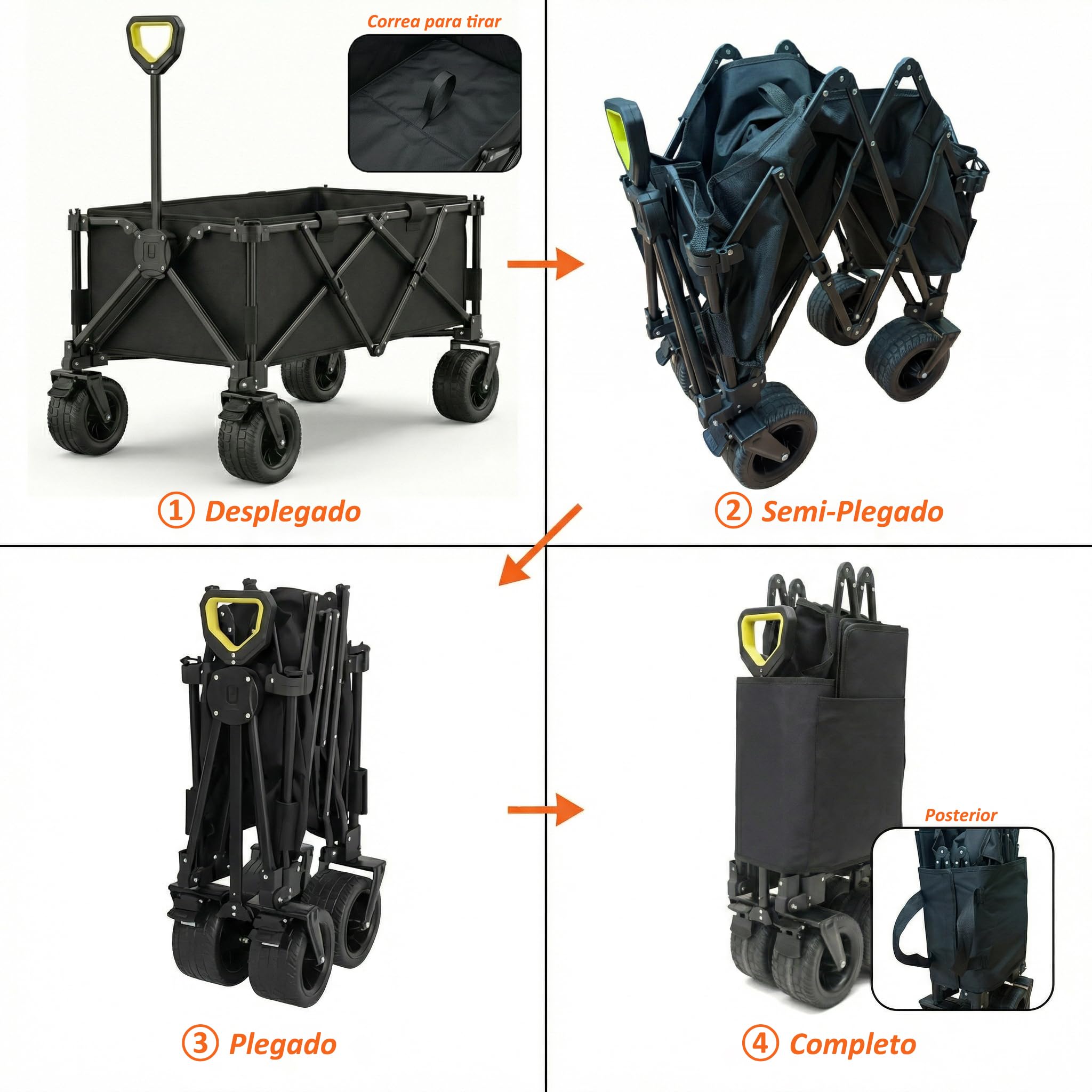 Carrito Plegable de Playa y Camping 120 kg, Carro de Transporte con Ruedas Anchas Todoterreno 360°, Tela Oxford 600D Impermeable, Mango Telescópico, Freno, Base Reforzada y Funda, Negro