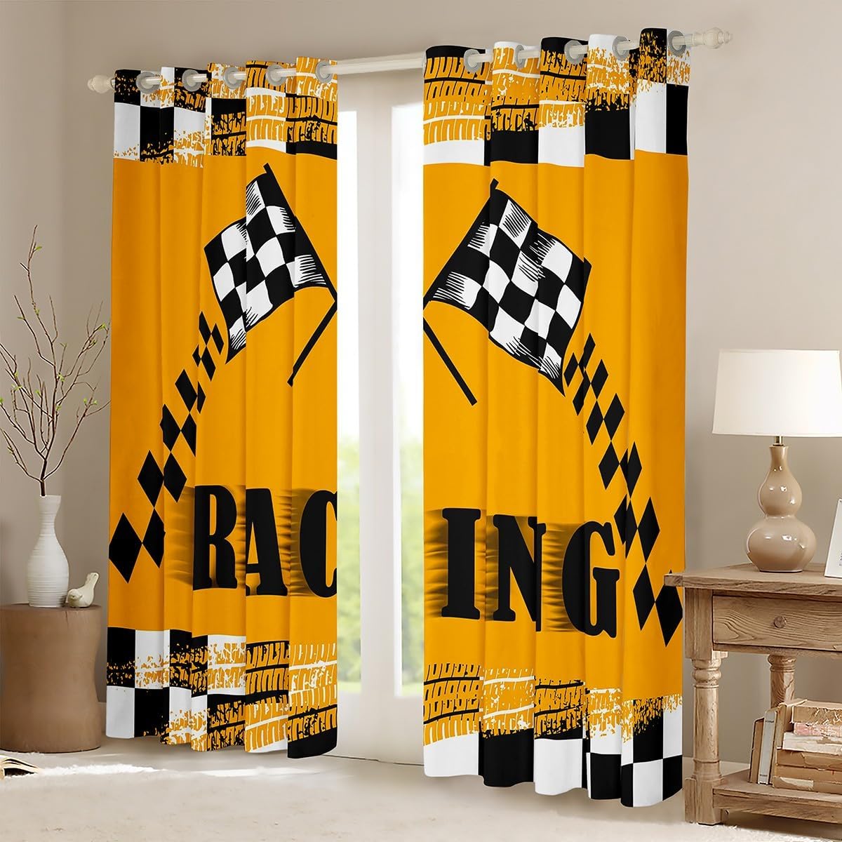 Manfei Racing Blackout Curtain Black White Check Flag Window Drapes for Kids Boys Teen Room Decor, Extreme Sports Theme Window Treatments Grommet Top 2 Panel Set Bedroom Curtains, 52Wx96L inch
