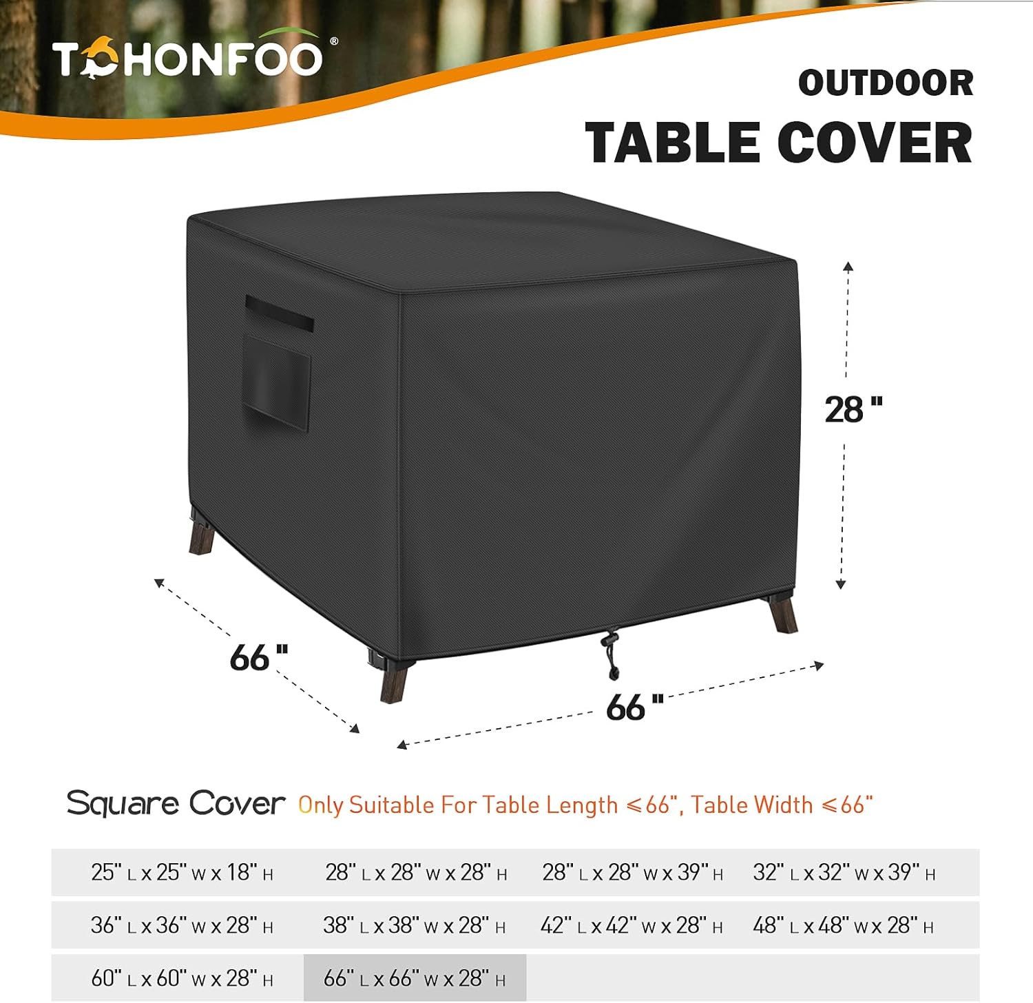 Square Patio Table Cover, Outdoor Table Covers Waterproof, UV Resistant Outdoor Lawn Patio Furniture Covers, 66" L x 66" W x 28" H