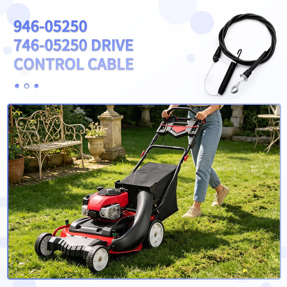 946-05250 Control Cable Fits for MTD Craftsman Walk-Behind Lawn Mowers | Replacement part for various walk-behind mowers. High-strength steel inner cable. Total length Easy installation. Durable