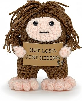 Handmade Crochet Bigfoot Figurine, Mini Sasquatch Desk Decor Collectible, Funny Introvert Bigfoot Gift for Adults, Home Office & Cabin Decor, Gift Bag Included NOT Lost. JUST Hiding.