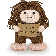 Handmade Crochet Bigfoot Figurine, Mini Sasquatch Desk Decor Collectible, Funny Introvert Bigfoot Gift for Adults, Home Office & Cabin Decor, Gift Bag Included NOT Lost. JUST Hiding.